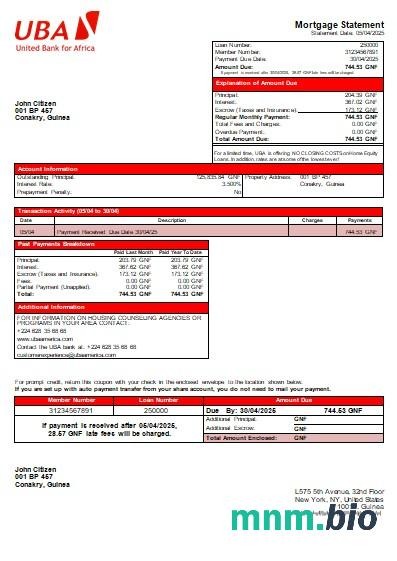 Gwinea Bank UBA wyciąg z kredytu hipotecznego szablon Word i PDF